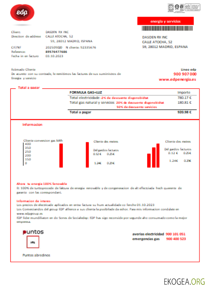 EDP ​​Espagne Energia facture commerciale de services publics, SCR